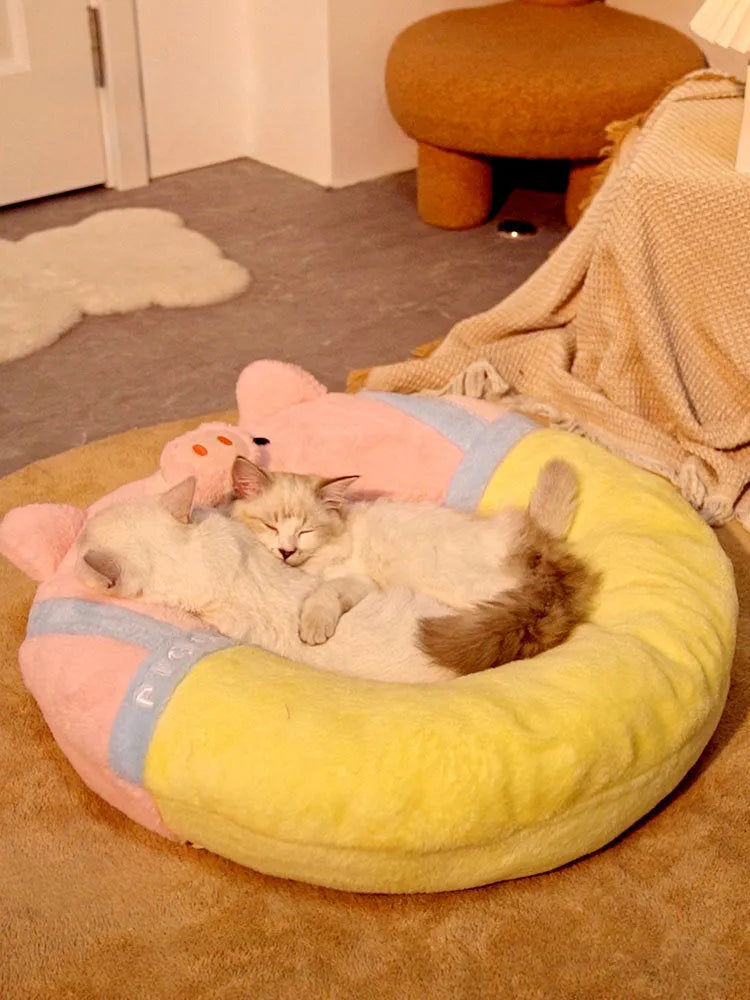 Yellow 56cm square warm winter cat bed with 13cm low sides for kittens and cats