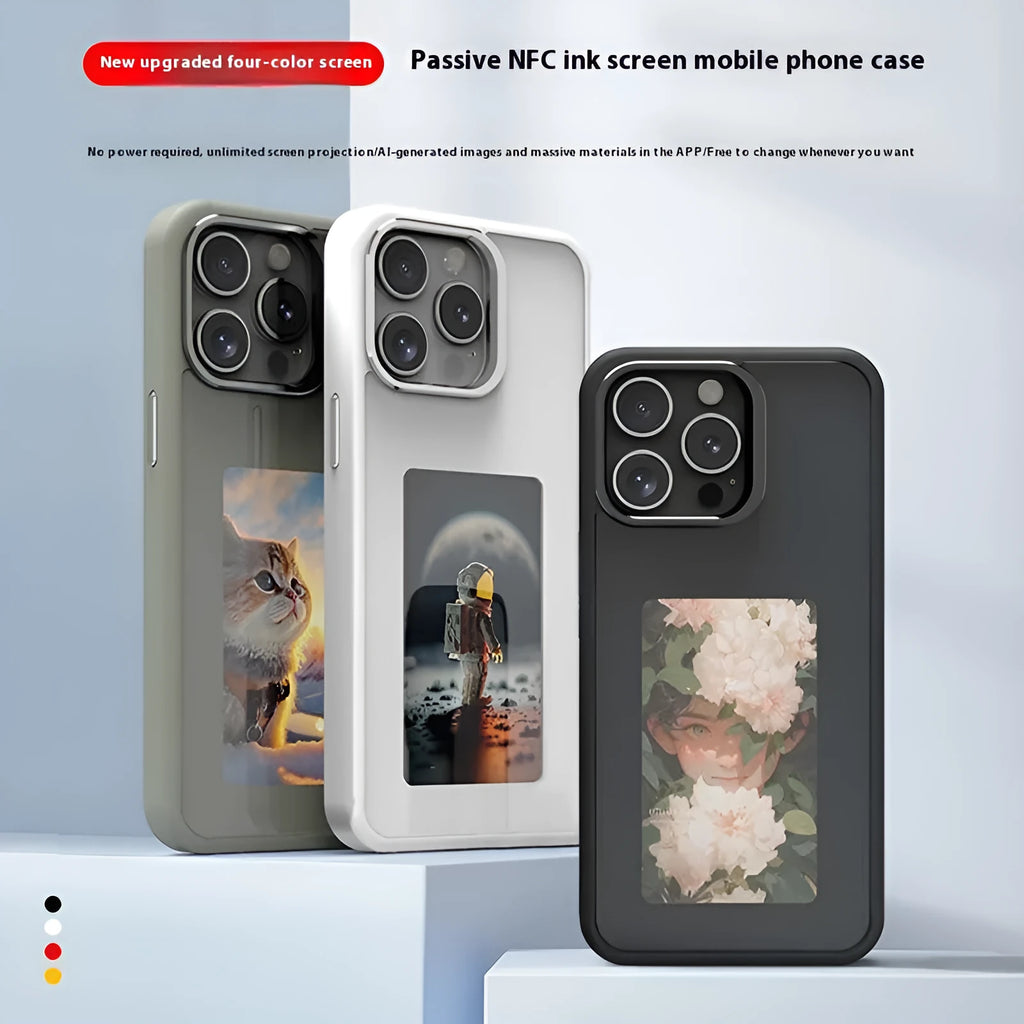 NFC projection screen phone case with stand bracket in graphite black, pink, or green for Apple iPhone.