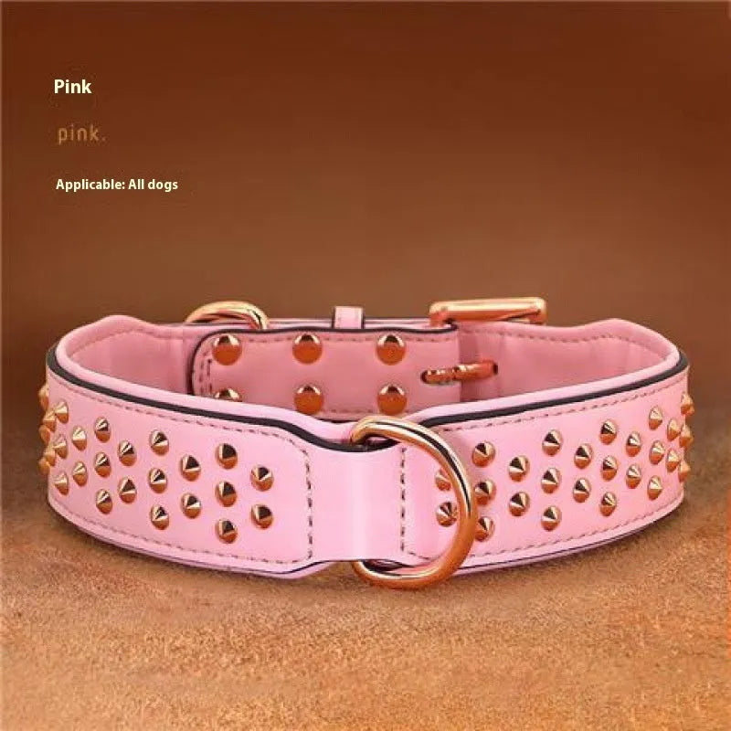 Leather dog collar with anti-bite rivets in black, chocolate, or pink colours
