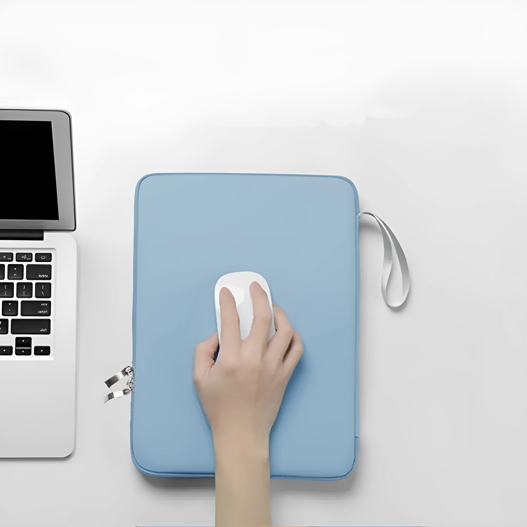 Imitation leather tablet protective case with a carry handle in light grey, shown next to a tablet.