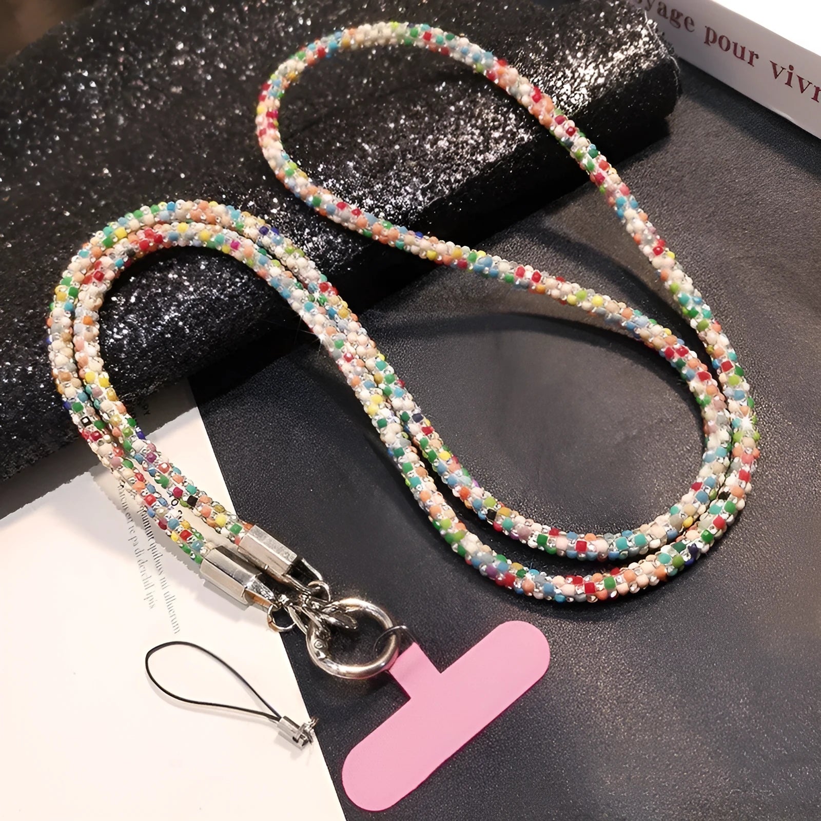 Handmade rhinestone mobile phone lanyard crossbody long in mixed colours with geometric design