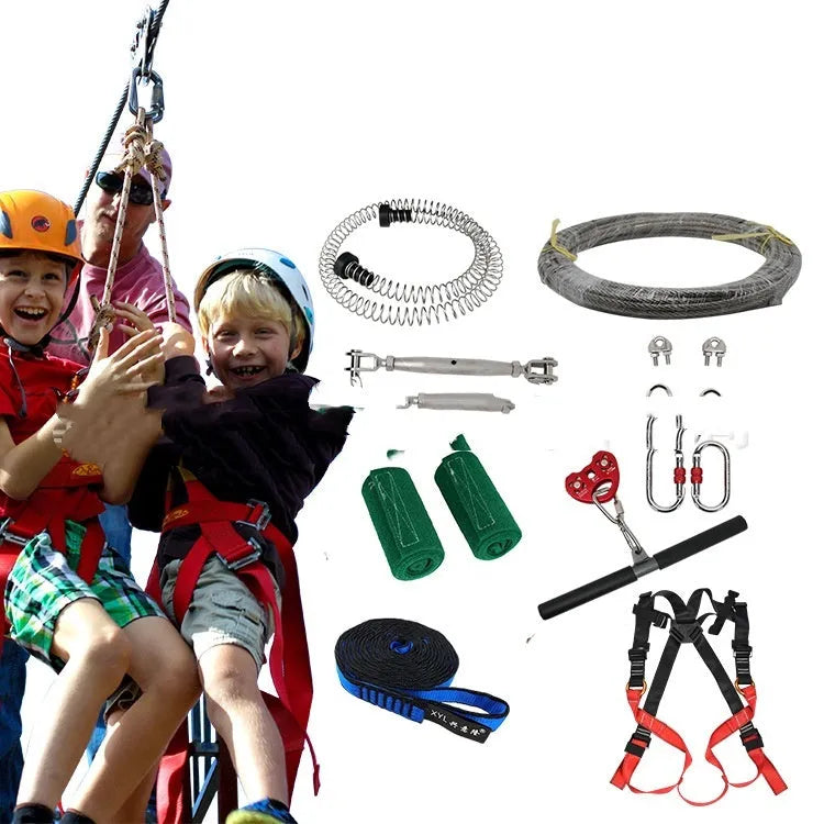 Children's outdoor 10 metre pulley slide rope zipline set with alloy steel pulleys, handle, and installation hardware