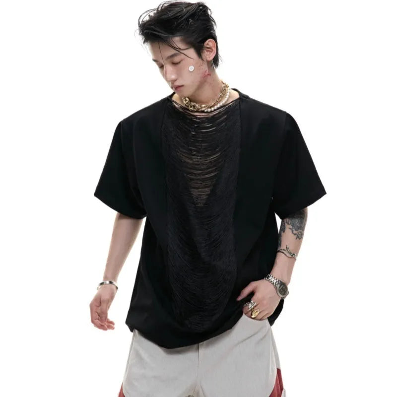Men's drum black hollow out V-neck T-shirt with short sleeves and tassel detail
