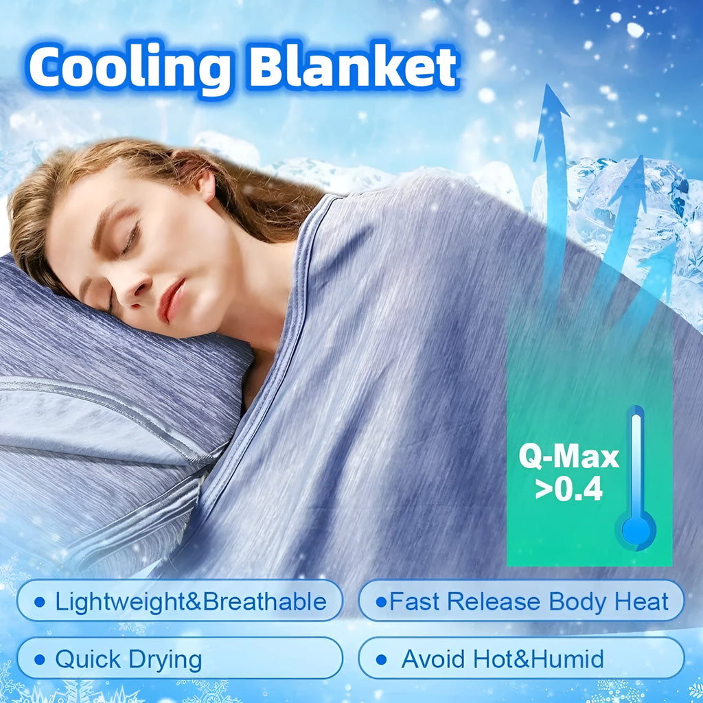Blue cooling blanket with double-faced texture on a bed, showing its lightweight drape.