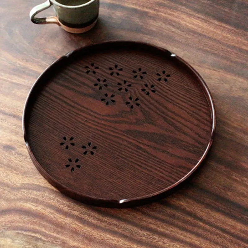 Circular wooden plate with hollow cherry blossom pattern, 30cm diameter, shallow depth.