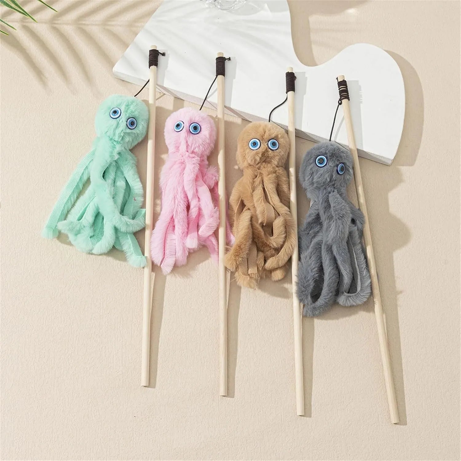 Octopus-themed cat toy with eyes on long 40cm stick for indoor cats