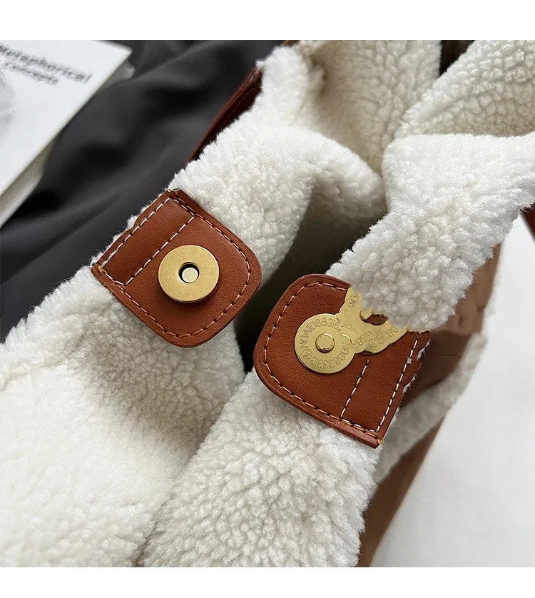 2pcs women's plush tote shoulder bag, large capacity suede-style handbag, black or brown, PU outer, polyester lining