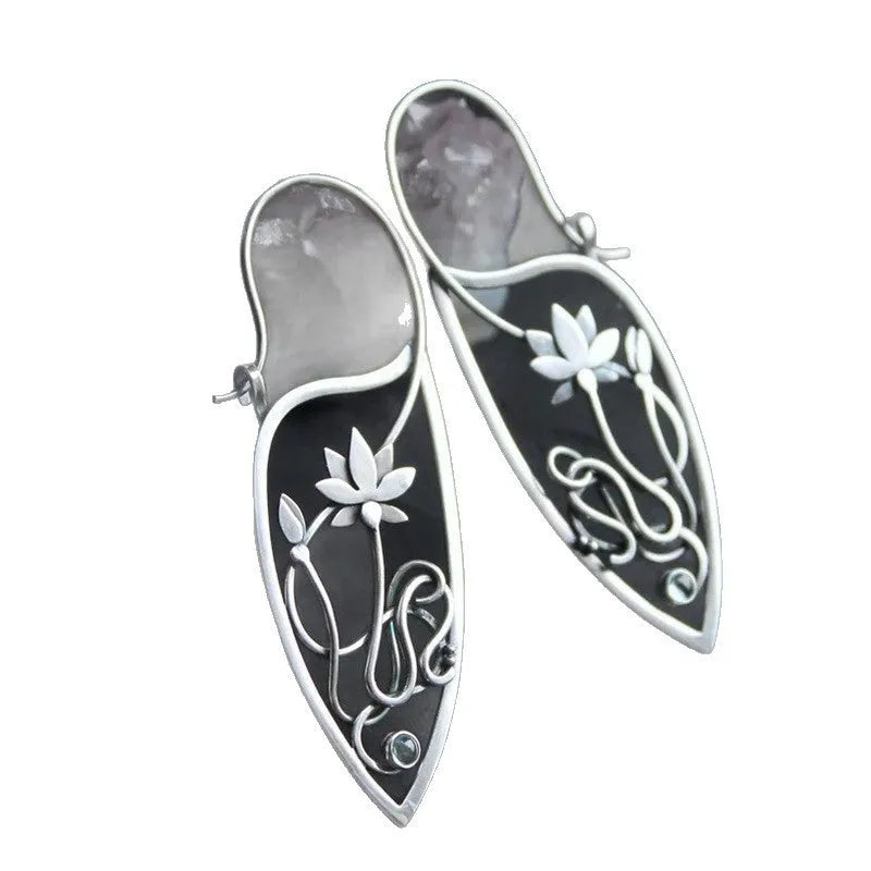 Silver lotus vine and geometric flower design earrings with rhinestone decoration on alloy base