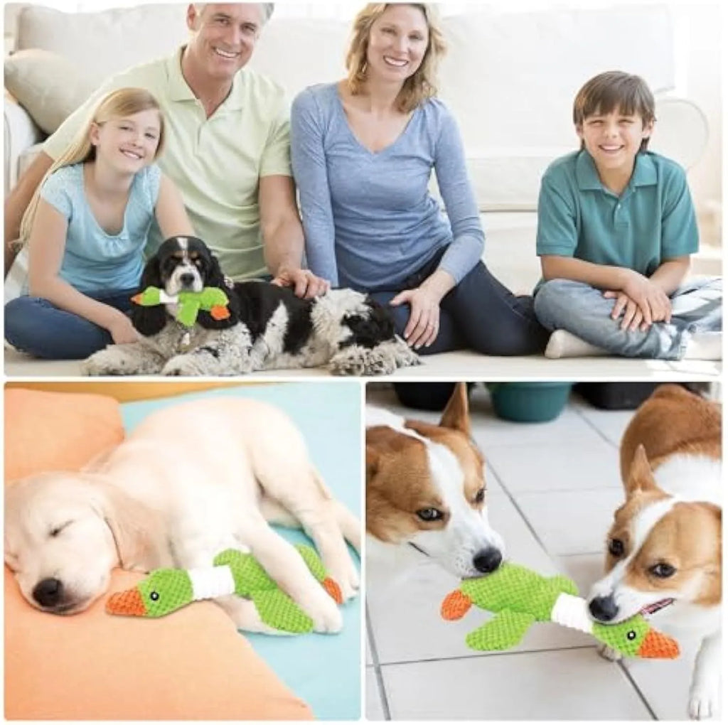 Blue duck-shaped plush dog toy with two squeakers measuring 33cm long