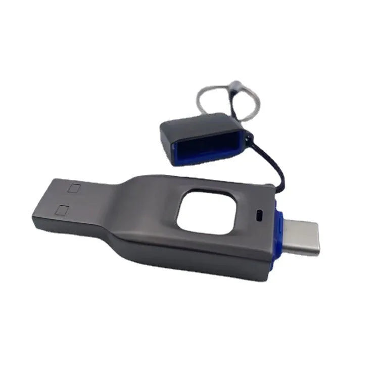 Black metal fingerprint encrypted USB flash drive showing USB 3.0 and Type-C connectors