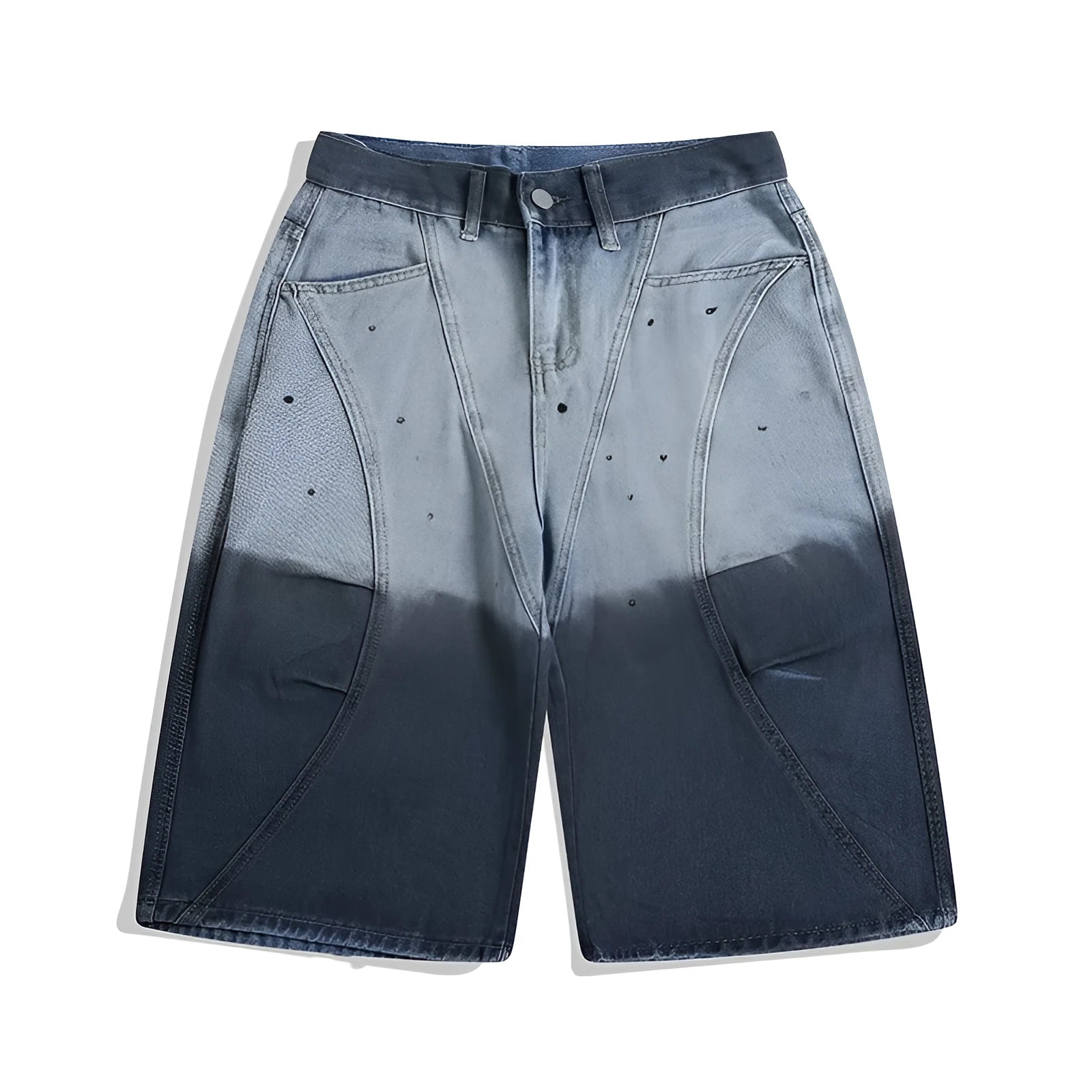 Blue tie-dye gradient washed-out cropped jeans on a model, showing loose fit and mid-waist.