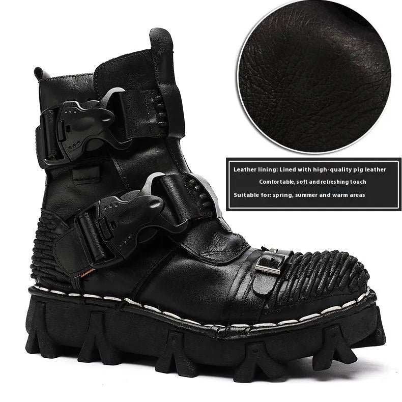 Men's cowhide motorcycle boots, mid-calf lace-up, black or brown leather upper, rubber sole