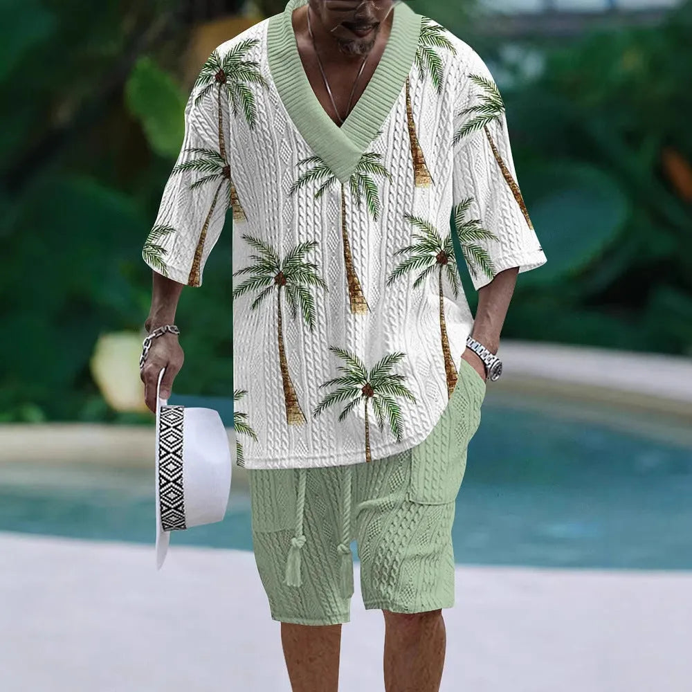 Men's loose casual two-piece suit set with short sleeve top and matching shorts