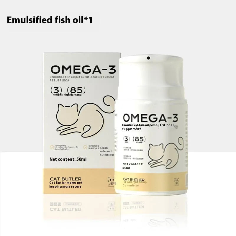 Cat Butler Pet Fish Oil 120ml bottle with RTG extracted fish oil, krill oil, and astaxanthin supplement for cats