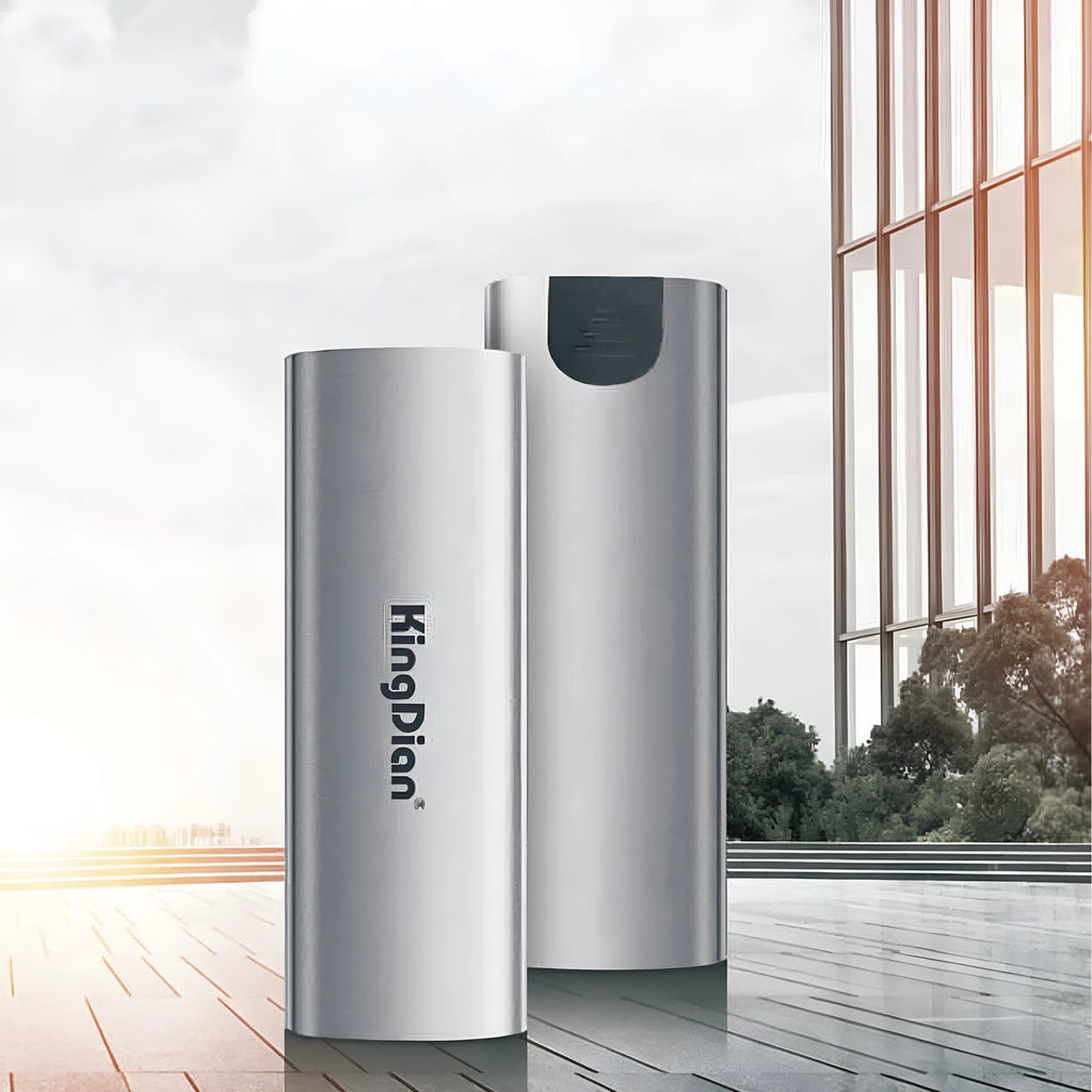 Grey aluminium mobile SSD hard drive with USB3.0 connection for direct phone use