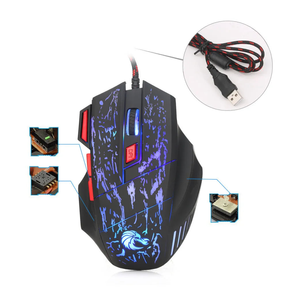 Water Crack colourful luminous gaming mouse with ergonomic design and USB cable on desktop