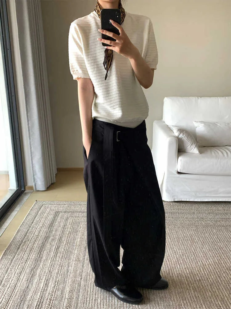 Black women's straight-leg trousers with adjustable waist and single pleat detail