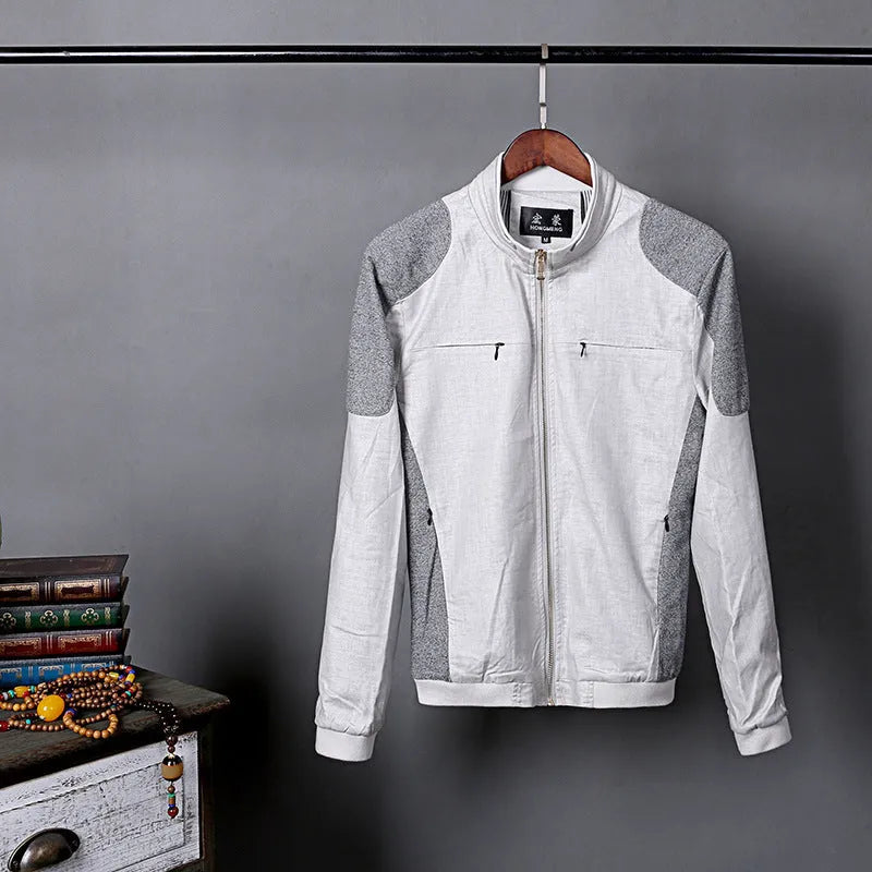 Men's thin blue cotton linen jacket for plus size leisure wear, showing regular fit.