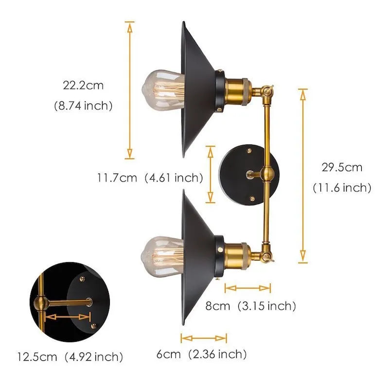 Black double head American retro industrial style iron wall lamp with Edison bulb compatibility