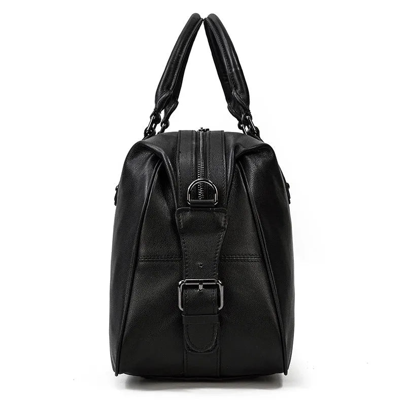 Men's retro genuine leather travel bag in black, 50cm x 18cm x 28cm large capacity holdall for business travel