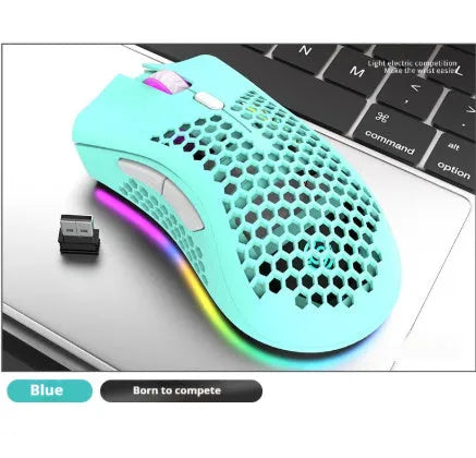 Hollow out wireless gaming mouse with RGB lighting in black, cyan, and white colour options