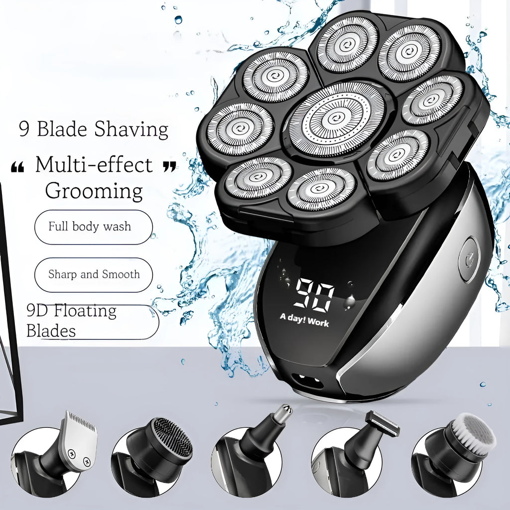 Black 6-in-1 rechargeable haircut suit with shaver, clipper, trimmer, and attachments on a stand.