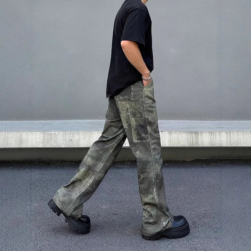 Men's retro digital camouflage jeans with straight leg cut in cotton denim fabric