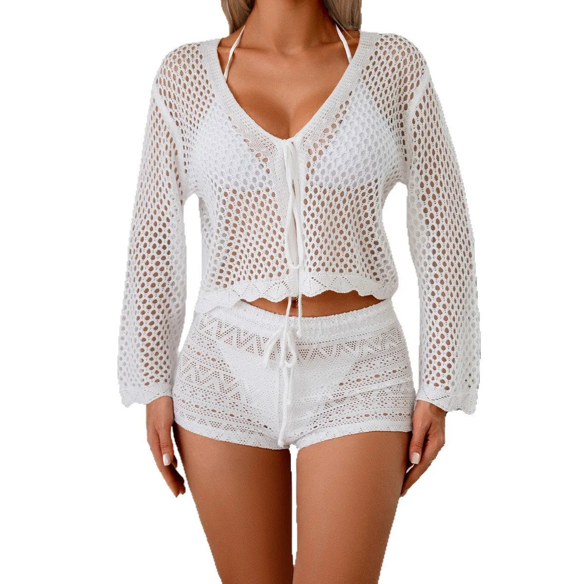 Women's hollow woven cardigan blouse with bell sleeves in imitation cotton fabric