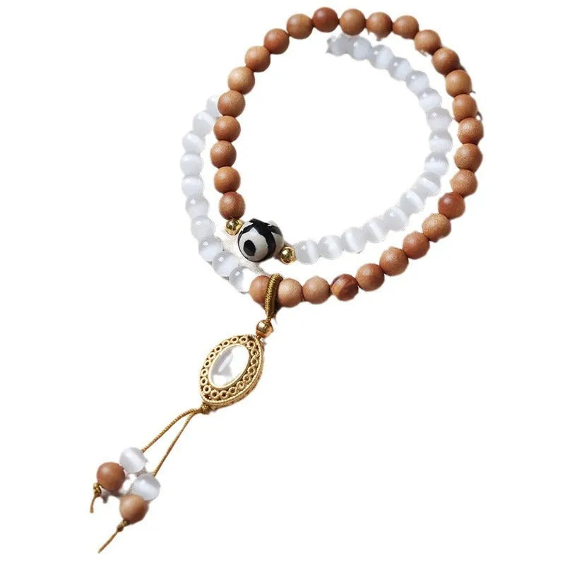 Sandalwood double ring opal women's bracelet with Tibetan beads in retro mixed material design
