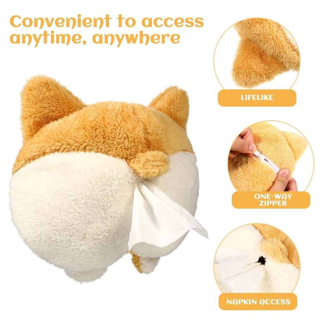 Yellow soft corgi butt shaped tissue box cover with elastic strap for hanging in car.