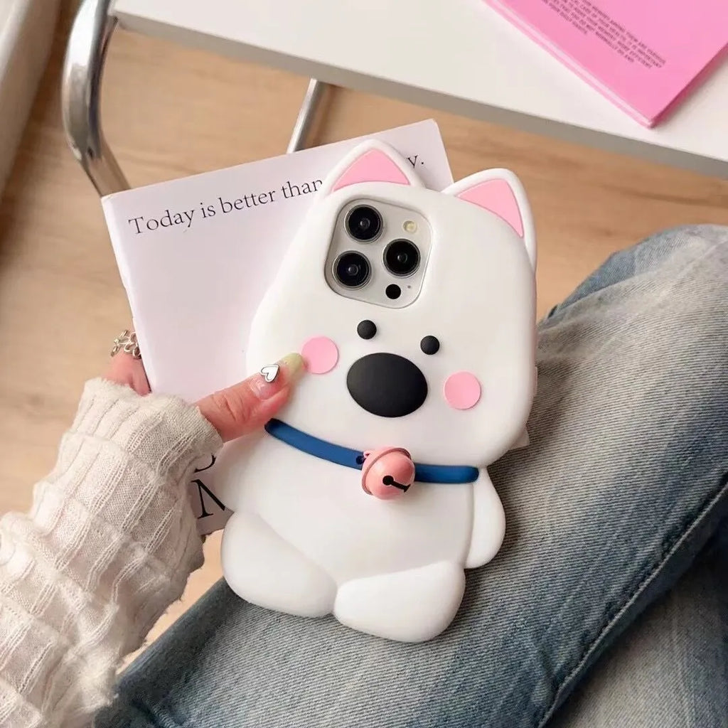 Pink bell small white dog silicone phone case for iPhone 12 to 15 Pro Max, all-inclusive fall protection.