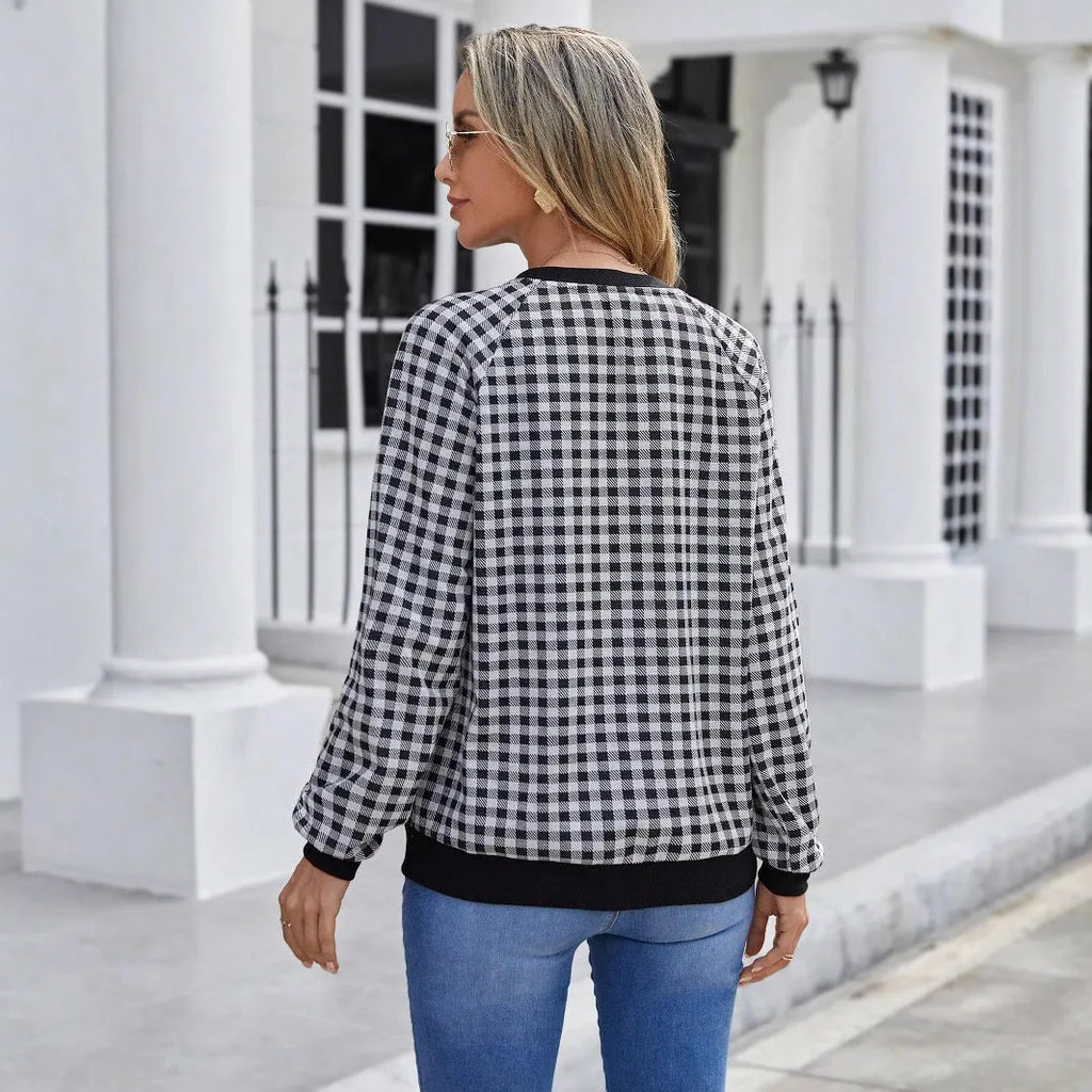 Black Japanese plaid and stripe print pullover sweater with long sleeves