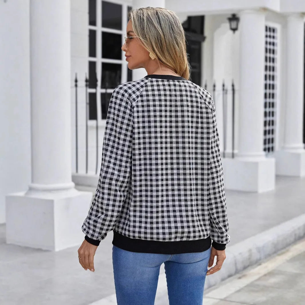 Black Japanese plaid and stripe print pullover sweater with long sleeves