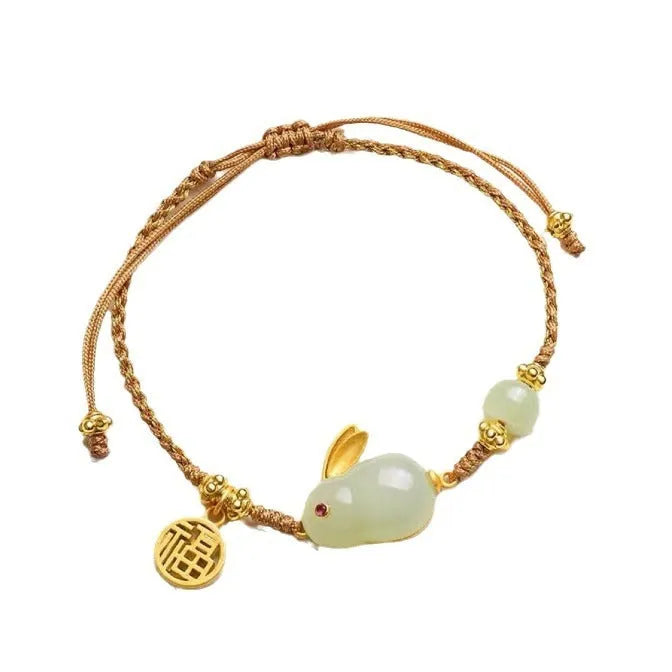 Hetian jade rabbit bracelet on yellow string cord with geometric pendant for women