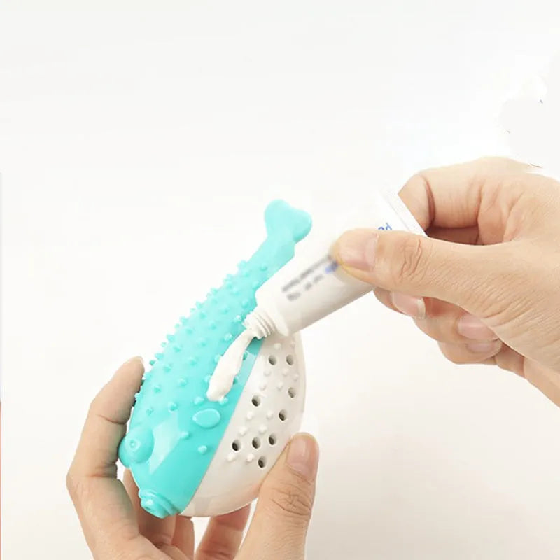 Silicone fish-shaped cat chew toy in blue, green, pink or yellow colours for interactive play