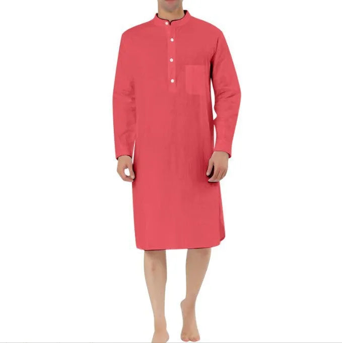 Men's cotton shirt robe shown in one of nine colours, featuring a simple pocket and shirt-length design.