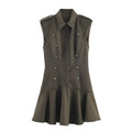 Women's long sleeve padded shoulder short dress with asymmetric stripe/plaid skirt and pleated detailing in nylon fabric