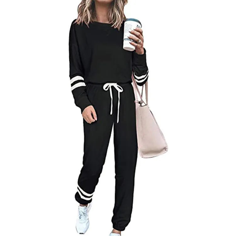 Women's plus size casual suit set with long sleeve top and trousers in cotton blend polyester fabric