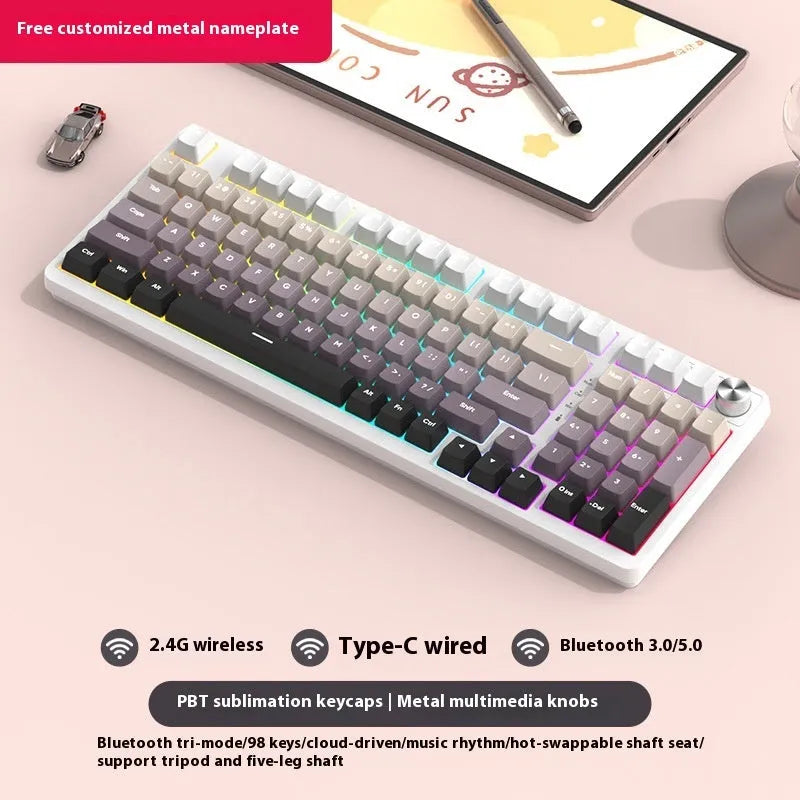 98-key wireless Bluetooth mechanical keyboard kit with metal control knob and multiple colour options