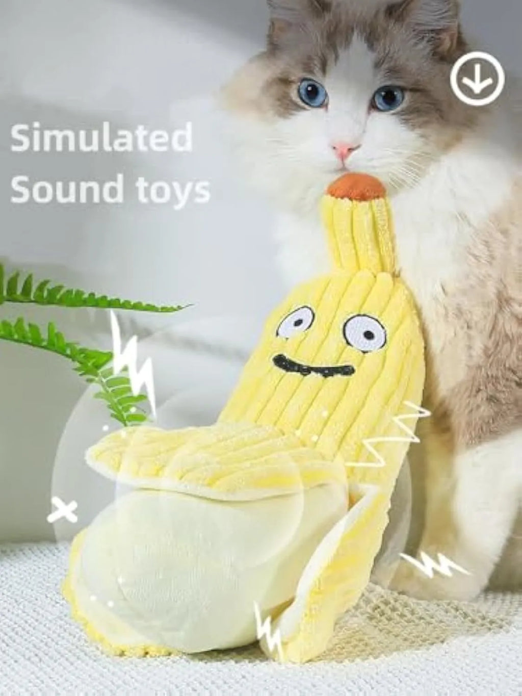 Yellow banana-shaped plush cat toy with crinkle sound, measuring 13 inches long.