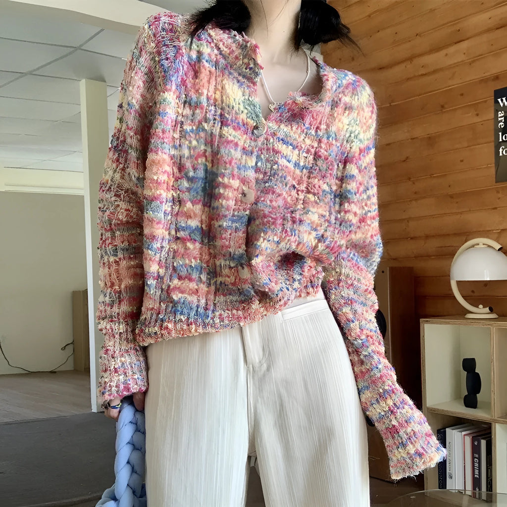 Rainbow stripe knitted cardigan sweater in pink or green with retro gentle idle style