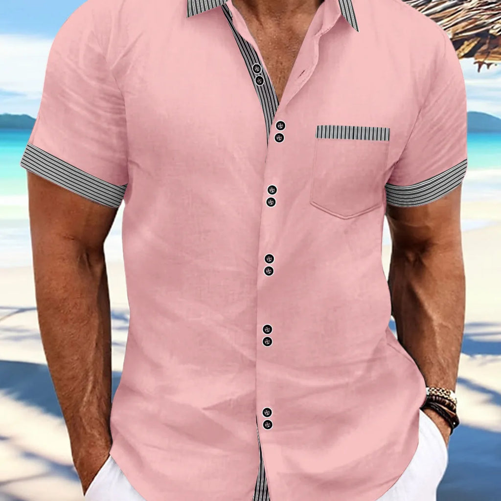 Men's slim fit striped casual shirt in pure cotton, short sleeve with double button detail.