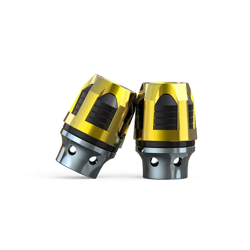 Pair of anodised aluminium alloy fork cups for electric car and motorcycle front axle.