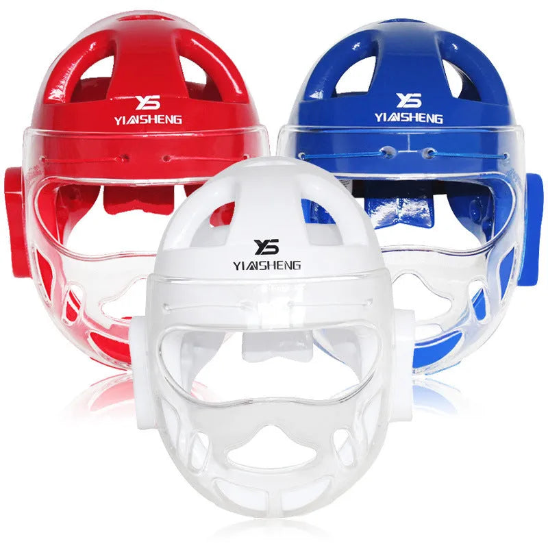 Karate training helmet for boxing head protection shown in blue, red, and white colours