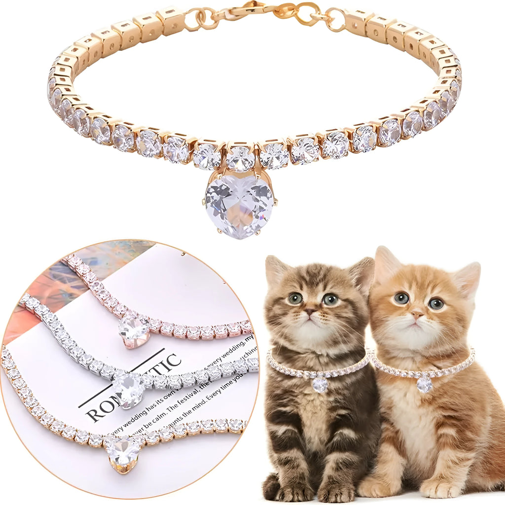 Gold rhinestone heart charm pet collar for a dog or cat on a white background