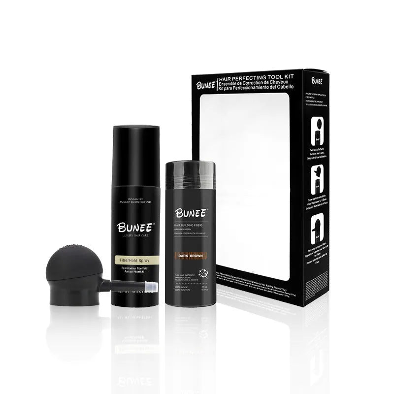 Hair fibre powder 275g three-piece kit with styling spray and nozzle for sparse hair.