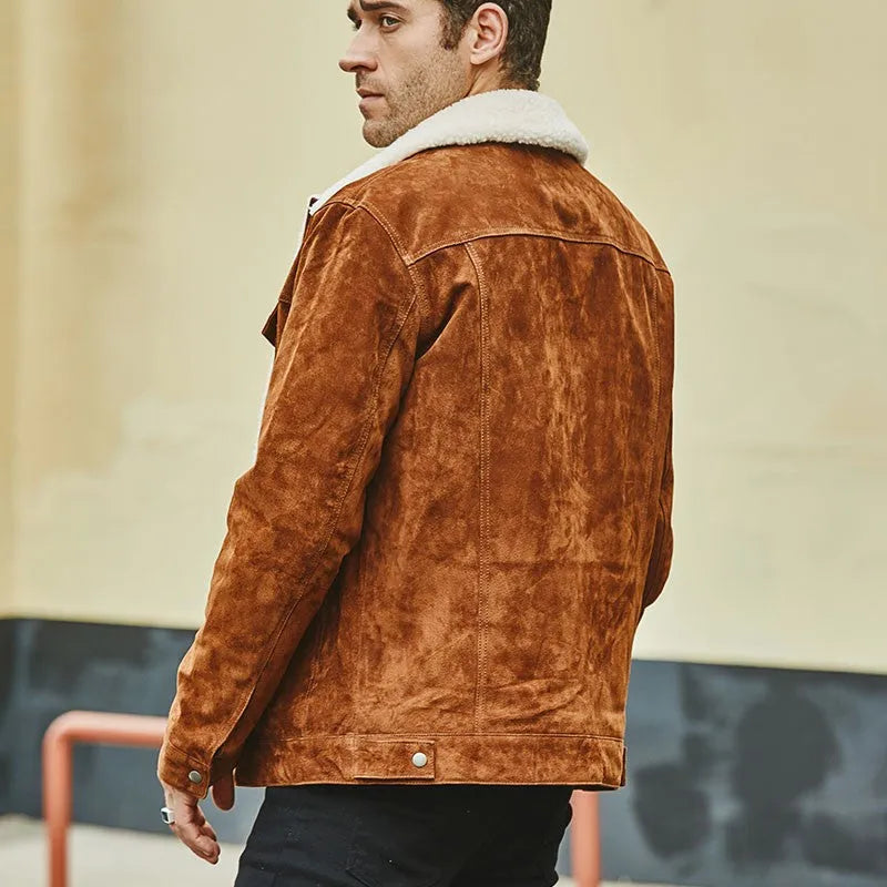 Men's brown genuine pigskin leather cotton padded jacket with lapel collar