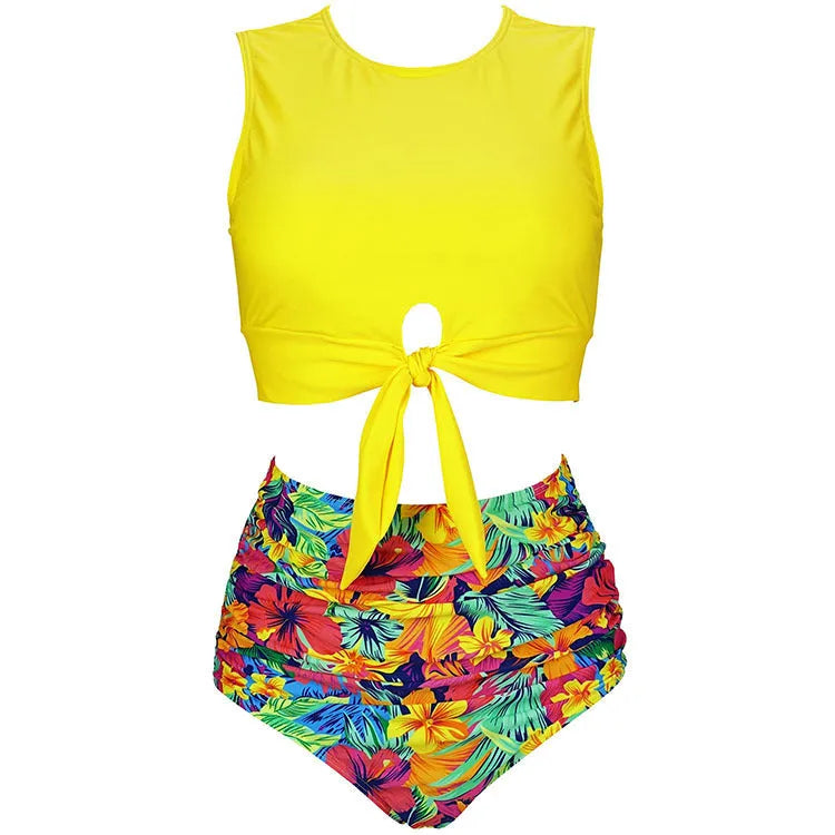 High waist two-piece bikini swimsuit with nylon fabric, sleeveless top, and briefs style, sizes S to 3XL