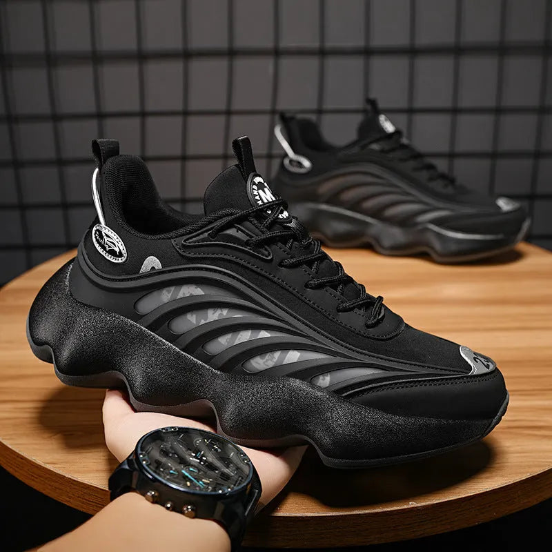 Men's retro low-top mesh dad shoes with thick wear-resistant sole, front lace-up, black or white, sizes 39-45