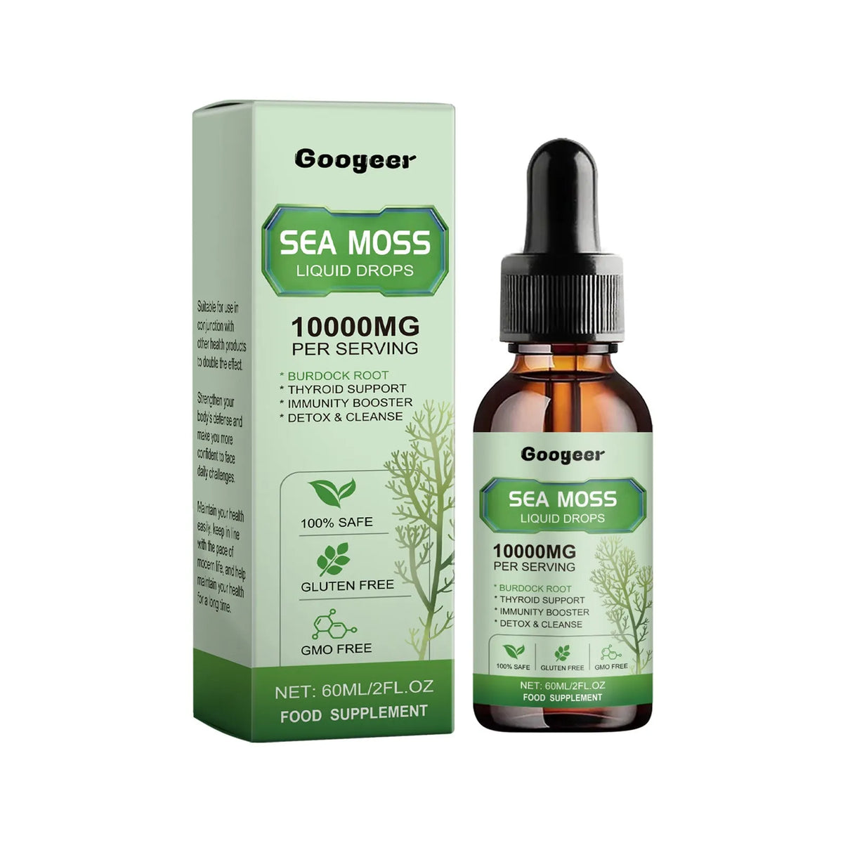 Sea moss liquid drops body treatment bottle measuring 3.3cm by 3.3cm by 12cm containing 60ml of formula